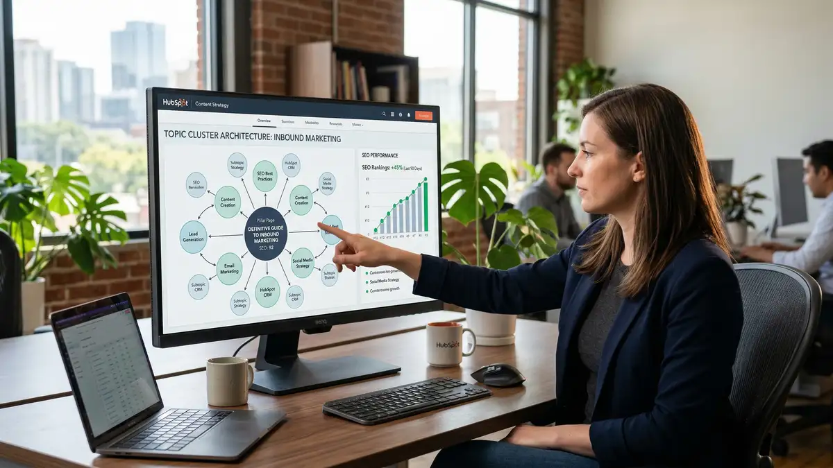 Marketing professional analyzing HubSpot Content Hub topic cluster architecture showing interconnected content nodes and pillar page SEO structure