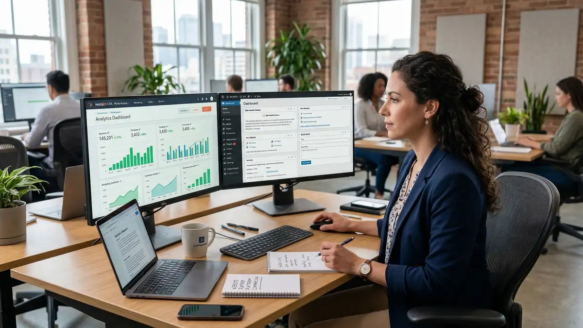 Content strategist comparing HubSpot Content Hub CMS dashboard metrics against WordPress admin panel on dual monitors