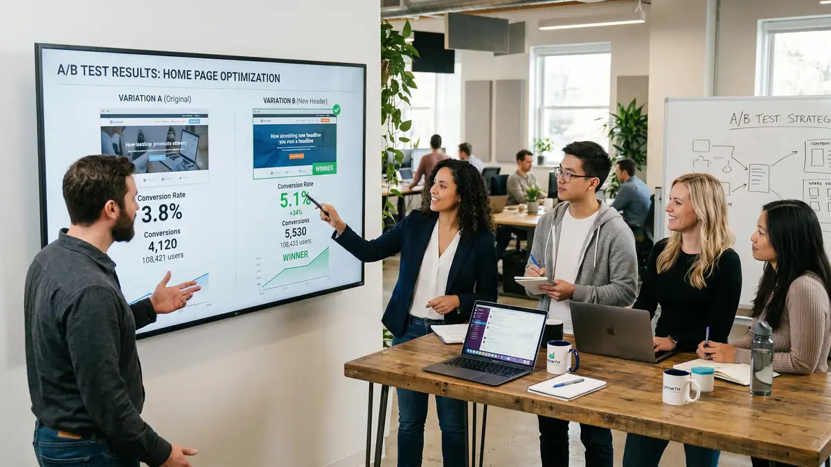 Marketing team reviewing A/B test results on a large screen showing two webpage variations with conversion rate data for HubSpot on-page SEO optimization