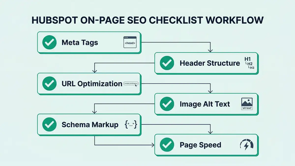 Infographic showing the HubSpot on-page SEO checklist workflow with meta tags header structure URL optimization image alt text schema markup and page speed elements