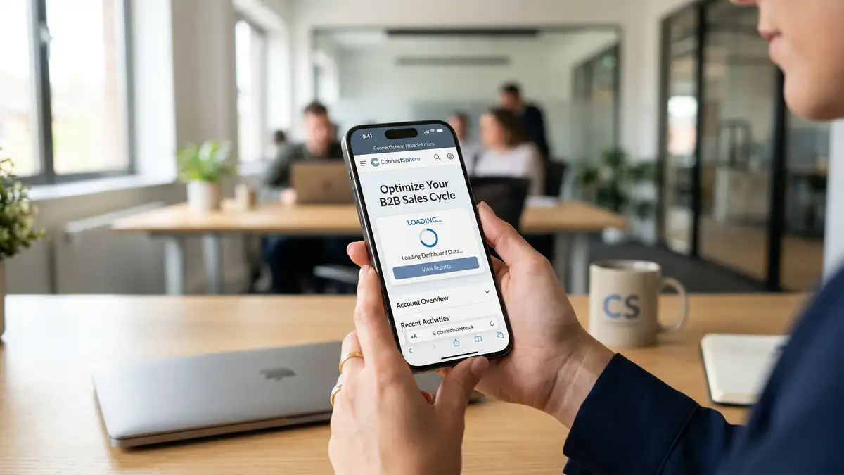 Smartphone displaying a mobile-optimized B2B website with clean layout and fast loading indicator for HubSpot on-page SEO mobile optimization