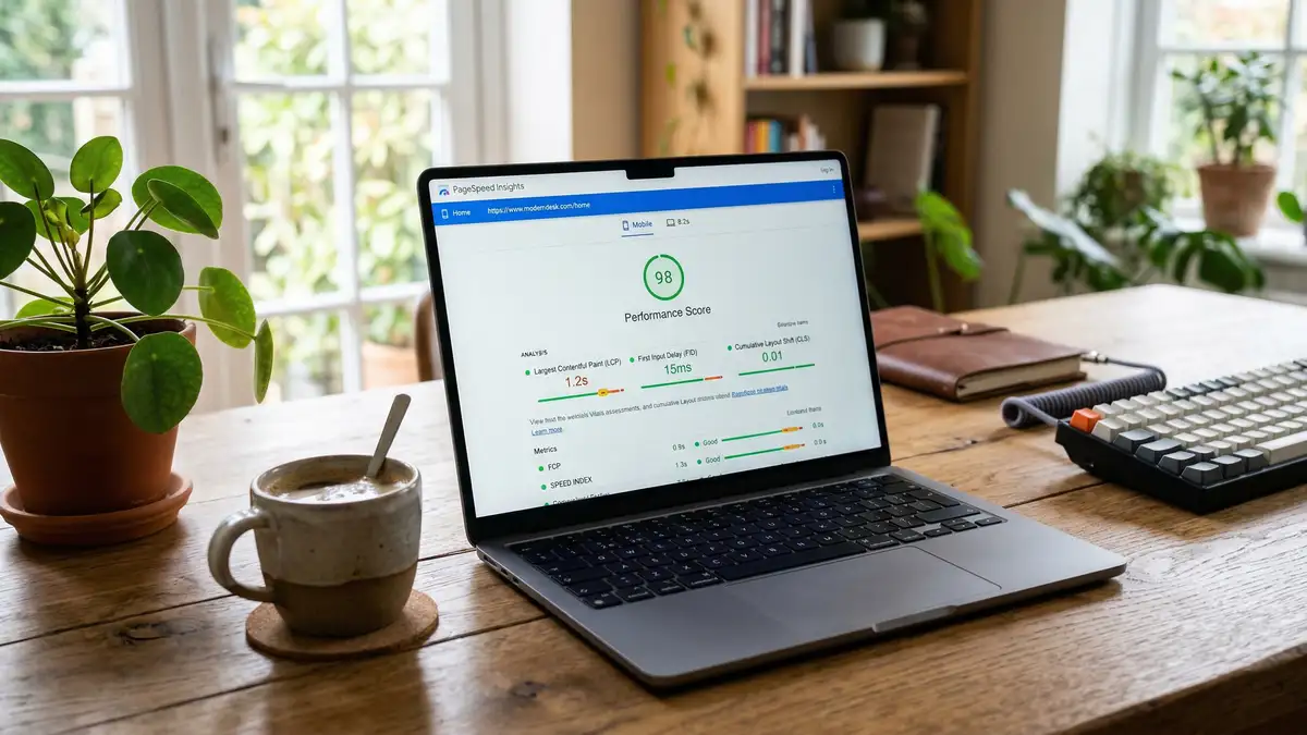 Laptop screen showing website page speed test results with green Core Web Vitals scores and performance metrics for HubSpot on-page SEO optimization