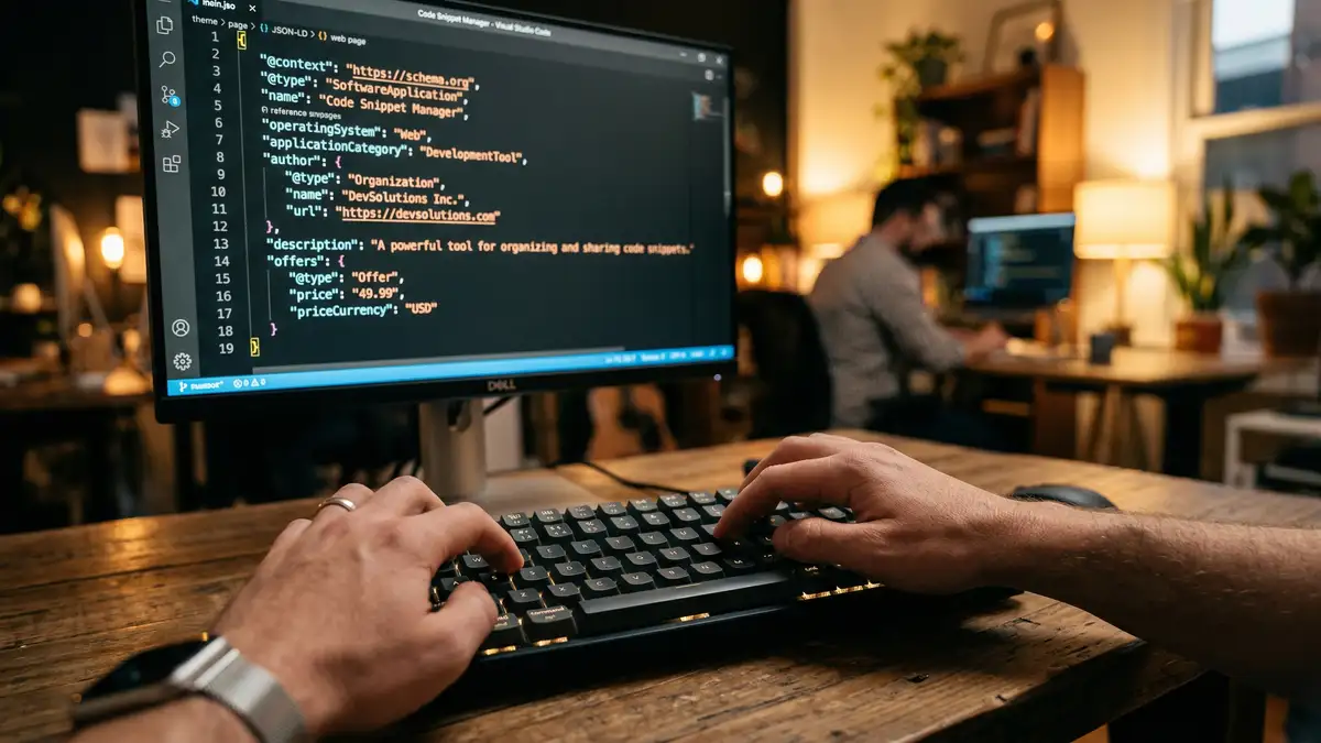 Developer implementing JSON-LD structured data schema markup in a code editor for HubSpot on-page SEO configuration