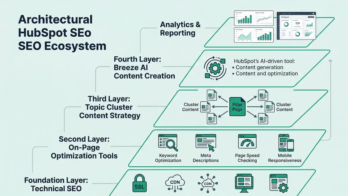 Infographic showing five layers of HubSpot SEO ecosystem from technical foundation through AI analytics in brand colors