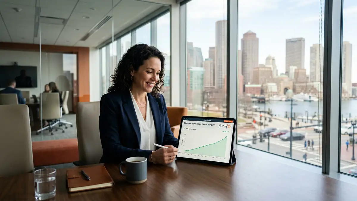 B2B marketing team analyzing HubSpot SEO dashboard data for organic growth optimization strategy