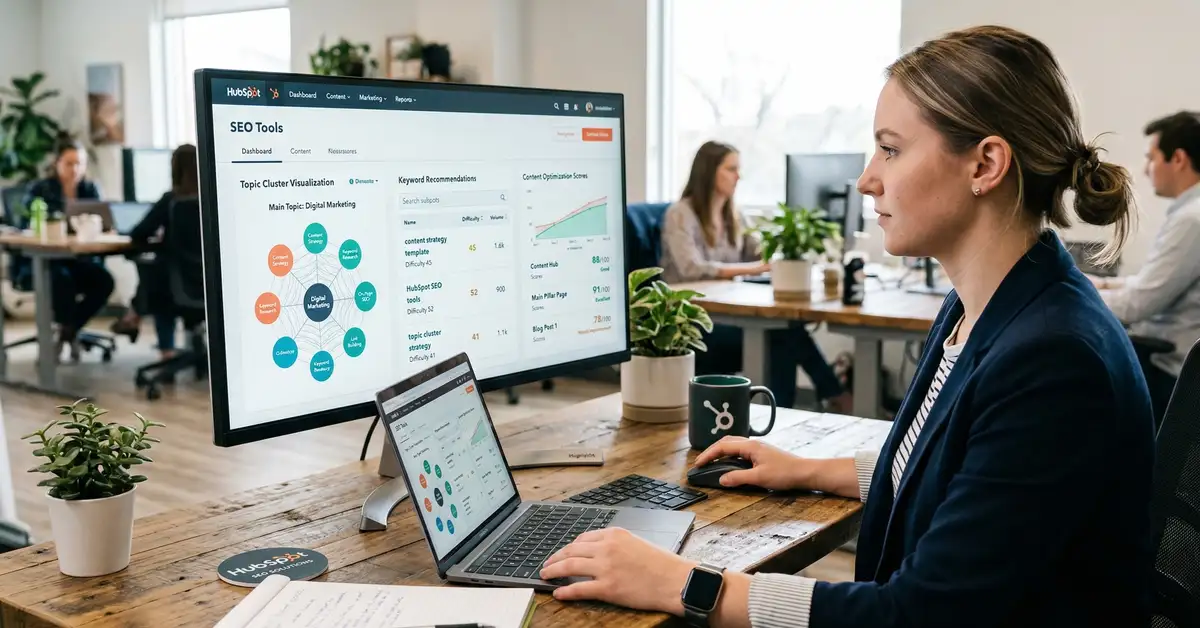 HubSpot SEO tools dashboard with topic cluster visualization and content optimization scores