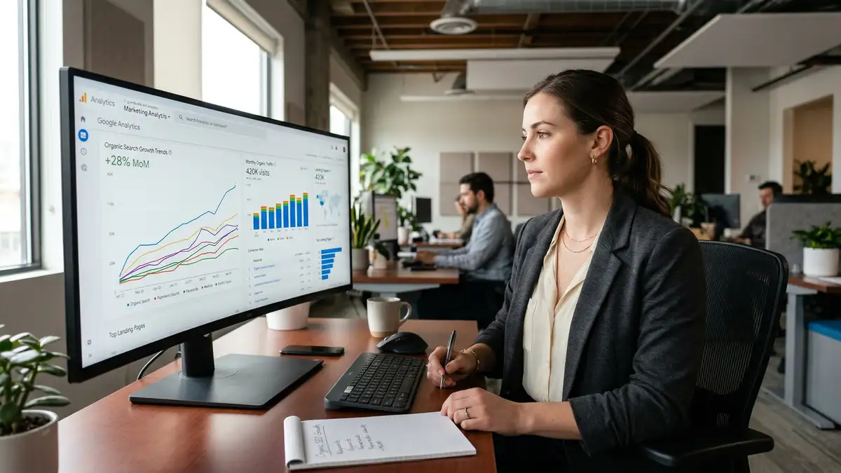 Marketing analyst studying traffic analytics dashboard showing organic search growth trends and performance metrics