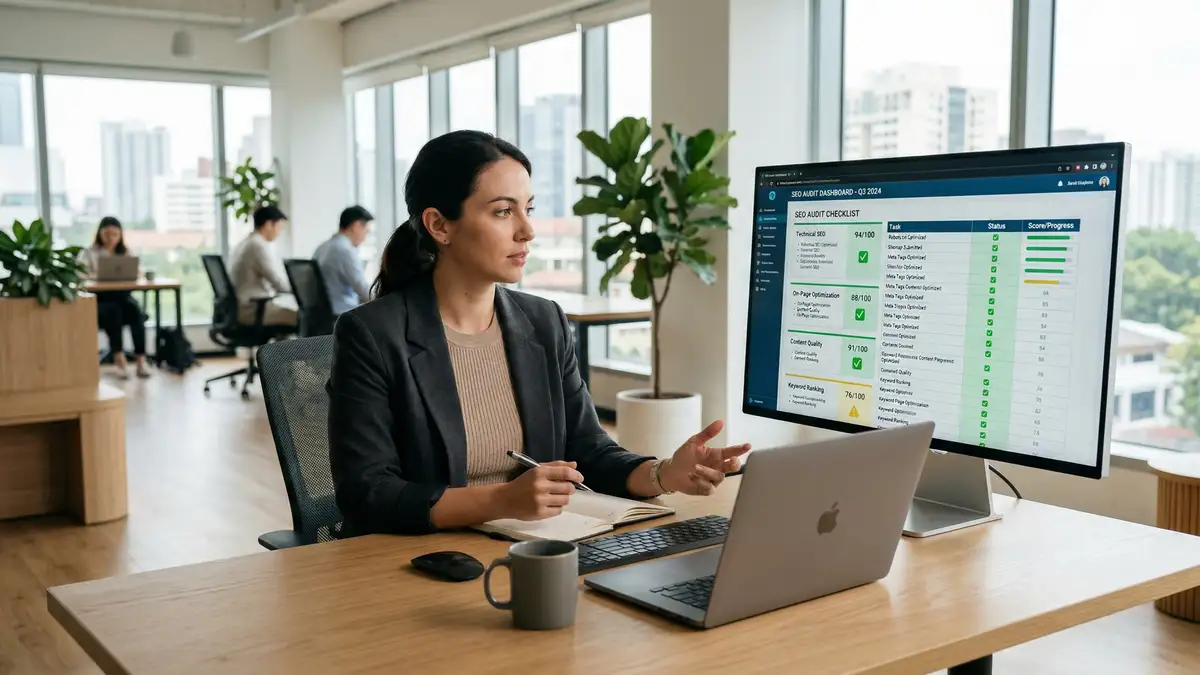 Digital marketer reviewing HubSpot SEO audit checklist with green checkmarks and optimization scores on monitor