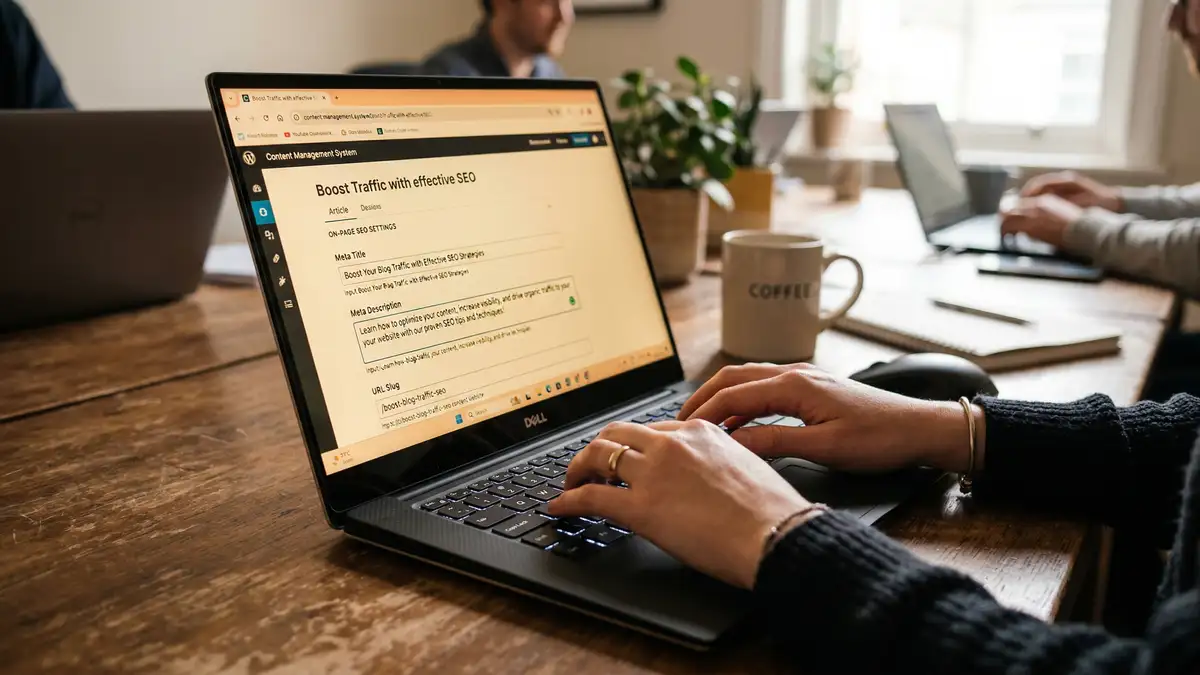 Marketer editing on-page SEO settings including meta title and description fields in HubSpot CMS editor