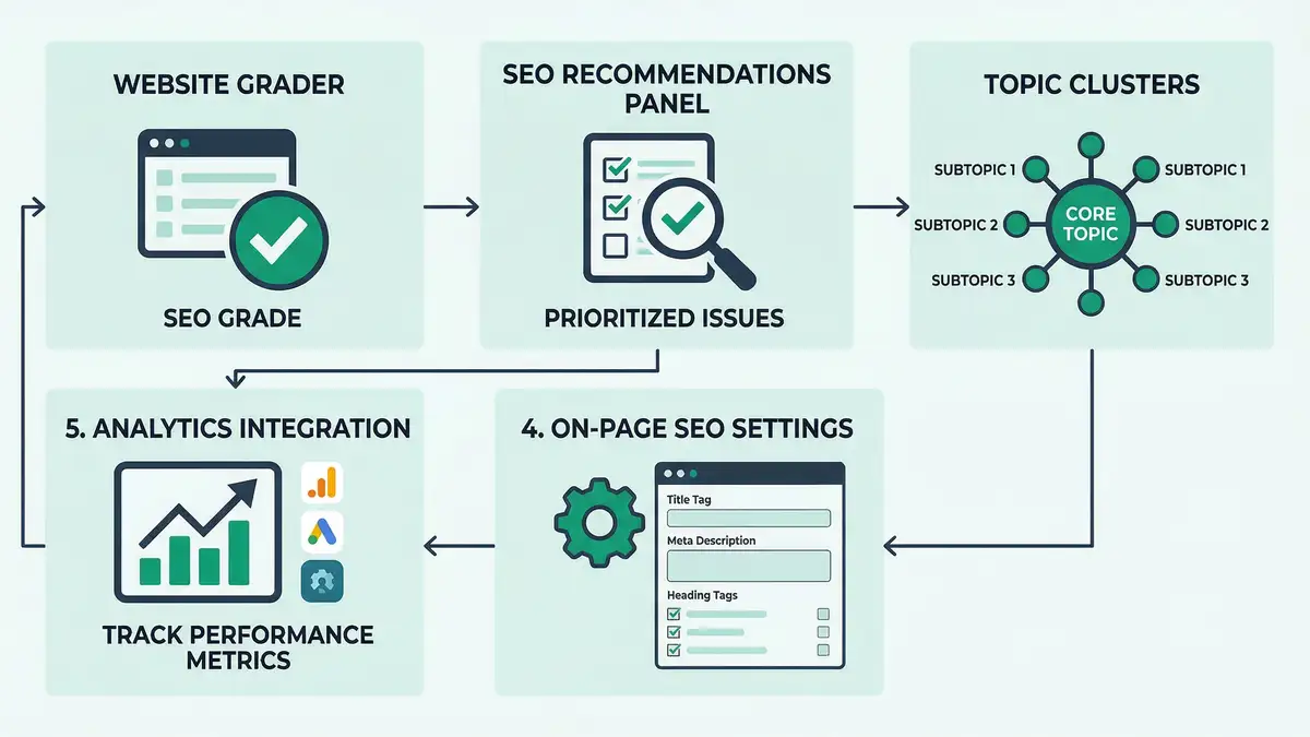 Infographic showing HubSpot SEO tool stack workflow with SEO Recommendations, Topic Clusters, On-Page Settings, Analytics, and Website Grader connected in peppereffect brand colors