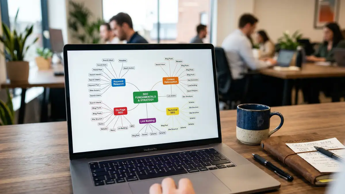 Laptop screen displaying HubSpot SEO topic cluster map with interconnected pillar pages and subtopic nodes