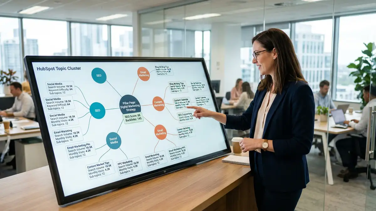 HubSpot topic cluster visualization showing pillar page connected to subtopic content for B2B SEO authority building