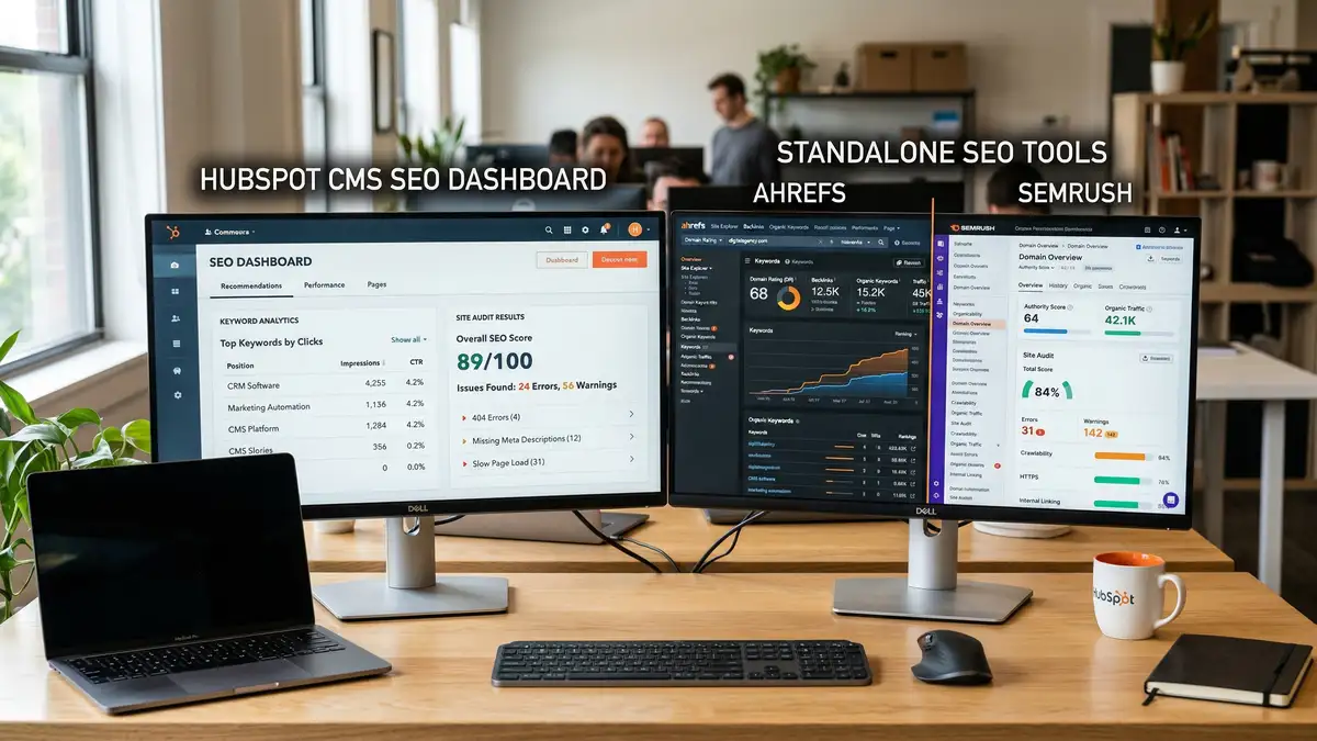 Comparison diagram of HubSpot CMS technical SEO infrastructure versus self-hosted WordPress for B2B websites