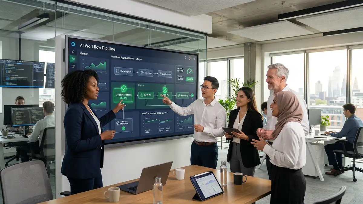 B2B professionals reviewing AI workflow dashboard with approval gates and quality checkpoints in modern office