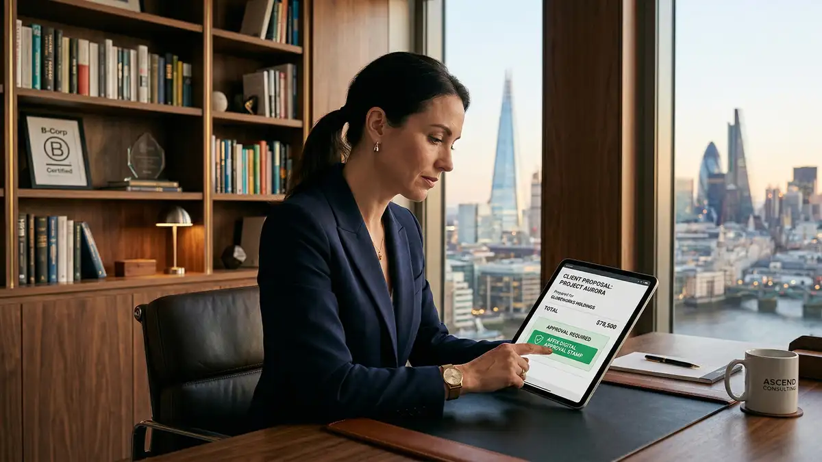 Business founder reviewing automated client proposal on tablet with digital approval stamp in modern office