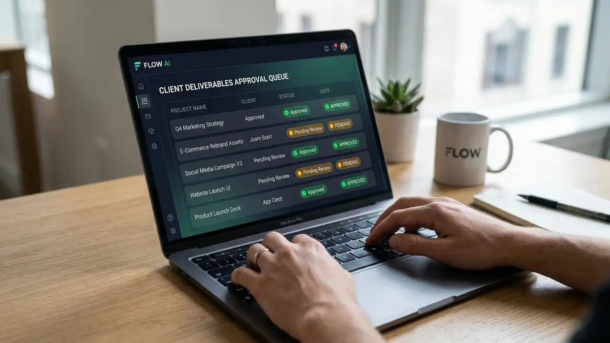 Laptop showing AI approval queue with green checkmarks and amber pending indicators for client deliverables
