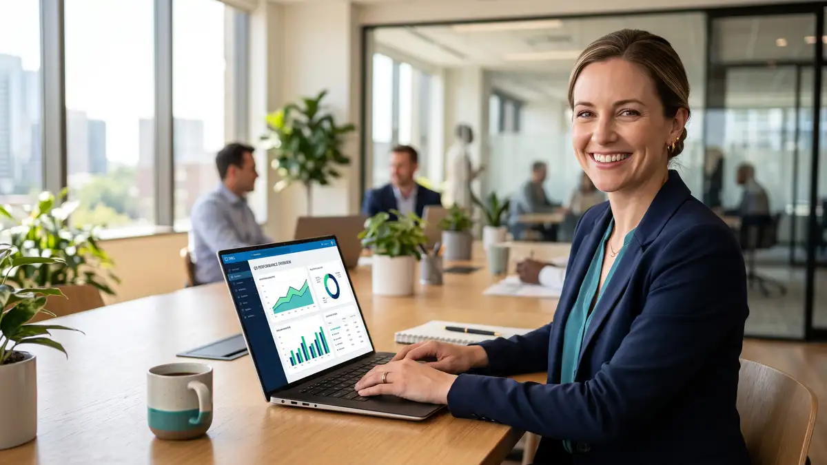 Professional reviewing an analytics dashboard on a laptop in a modern office