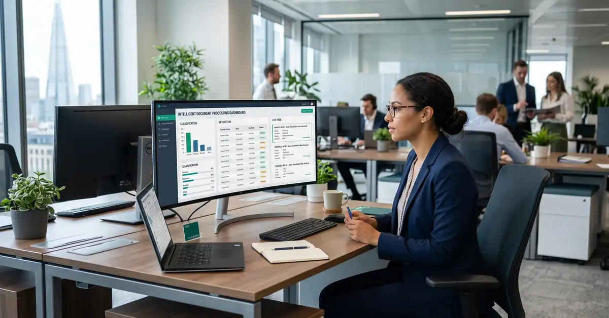 Finance operations professional reviewing an intelligent document processing dashboard