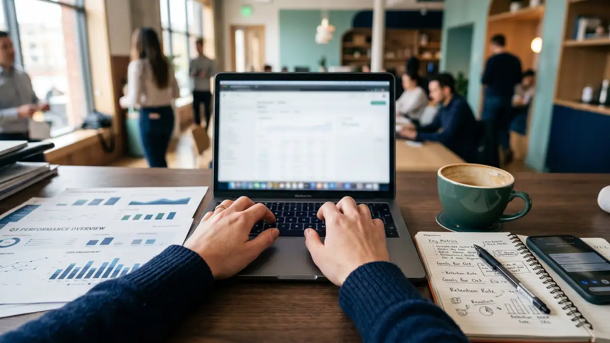 Hands on a laptop keyboard at a desk covered with analytics charts