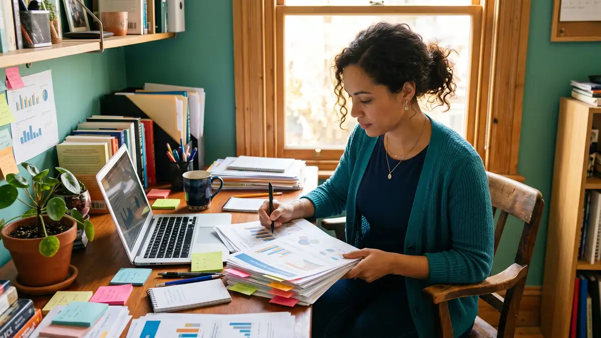 A professional reviewing printed analytics reports at a sunlit desk