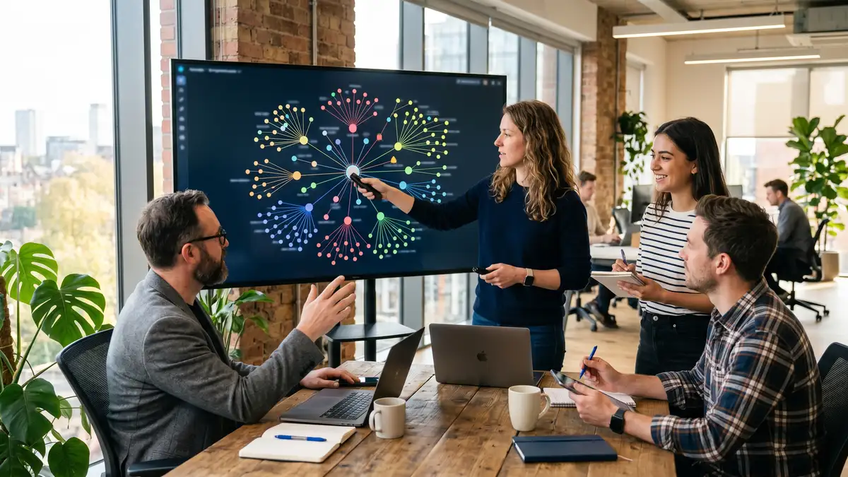 B2B SaaS content team reviewing topic cluster and pillar page architecture on a large monitor
