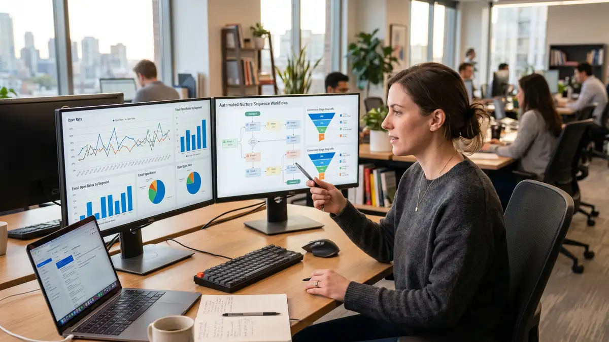 Marketing operations specialist reviewing email nurture sequence performance dashboards on dual monitors