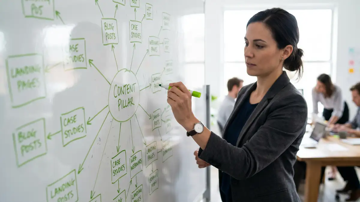 Marketing strategist sketching a topic cluster diagram on a whiteboard