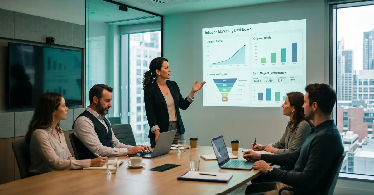 B2B SaaS marketing leadership team reviewing an inbound marketing dashboard with organic traffic curves and conversion funnel visualisation