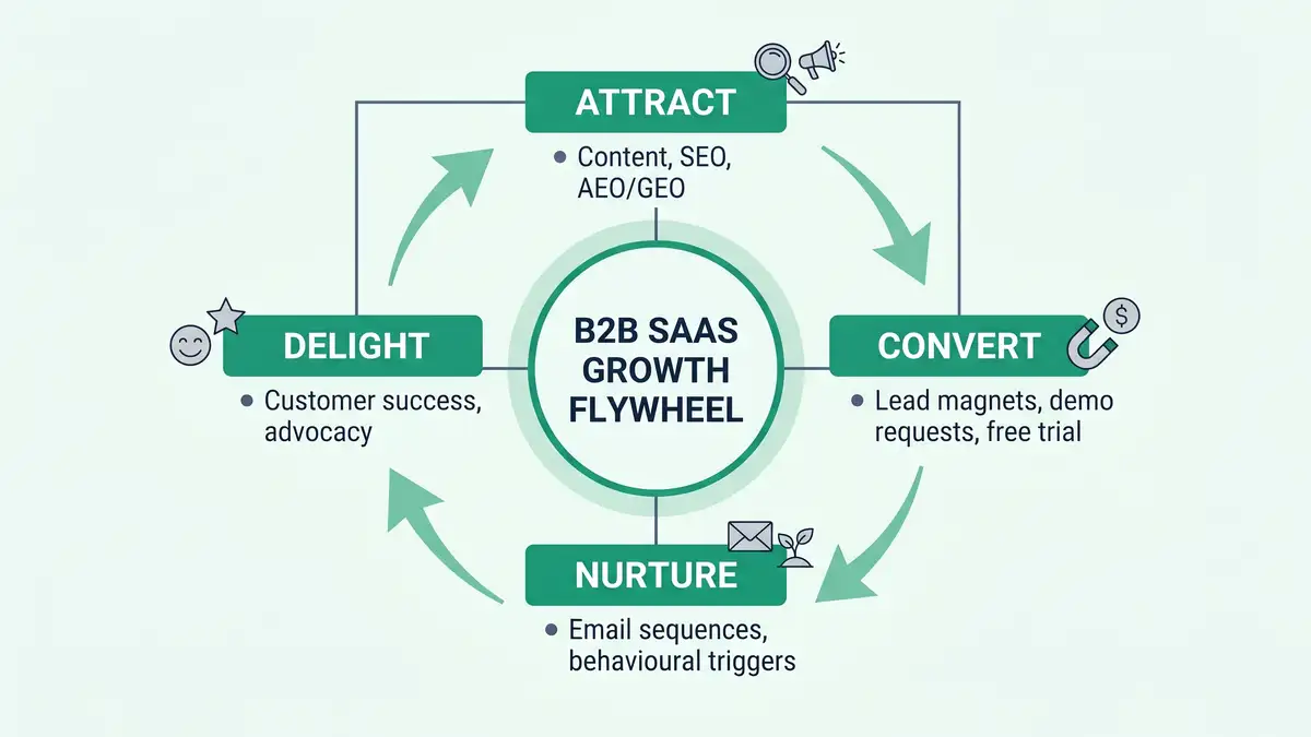 Four-phase B2B SaaS inbound marketing flywheel diagram showing Attract, Convert, Nurture, and Delight phases connected by clockwise arrows