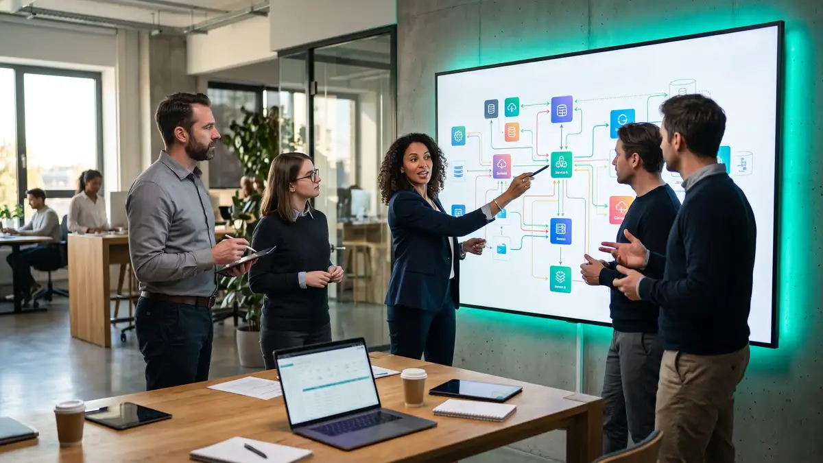 Operations team reviewing an integration architecture diagram on a large wall display during a collaborative planning session