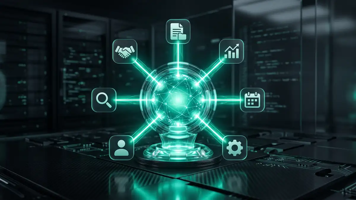 A central integration hub connecting several business software systems in a circle, representing a single source of truth