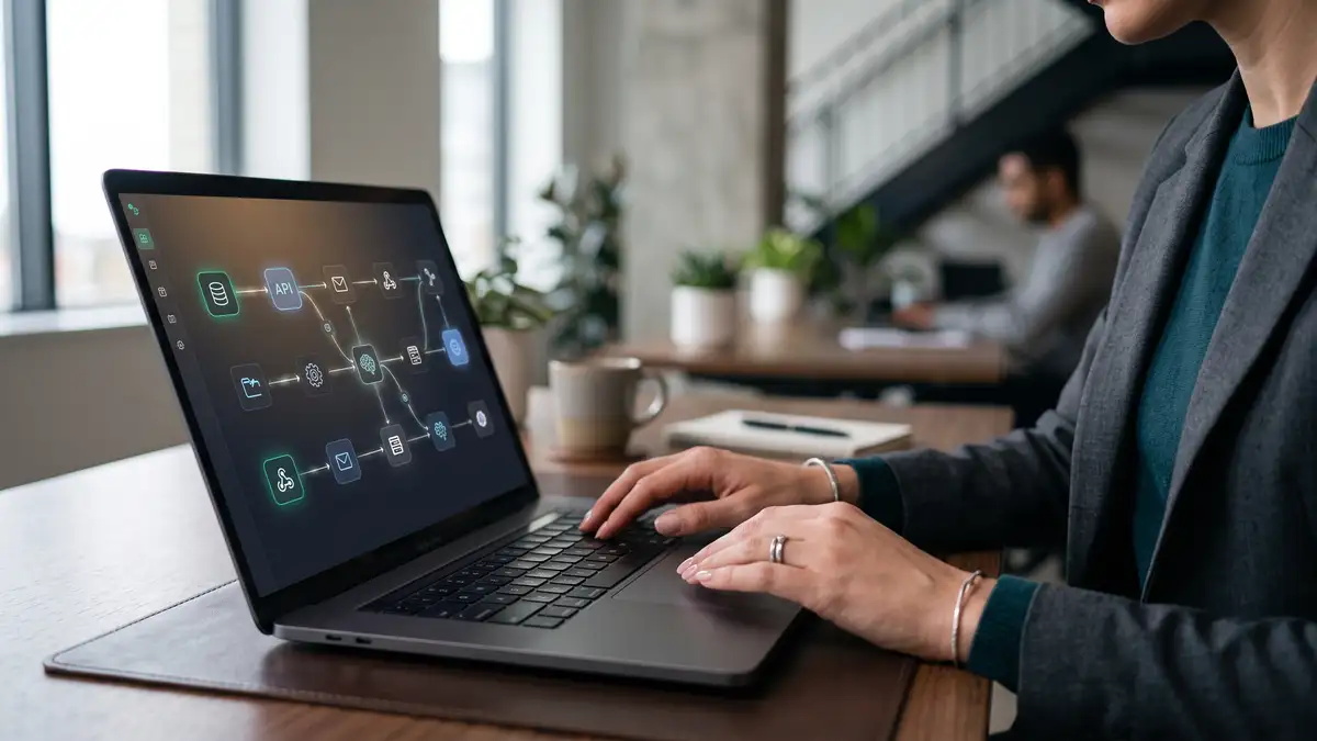 Close-up of a professional at a laptop with an automation workflow showing AI agent nodes connecting business applications