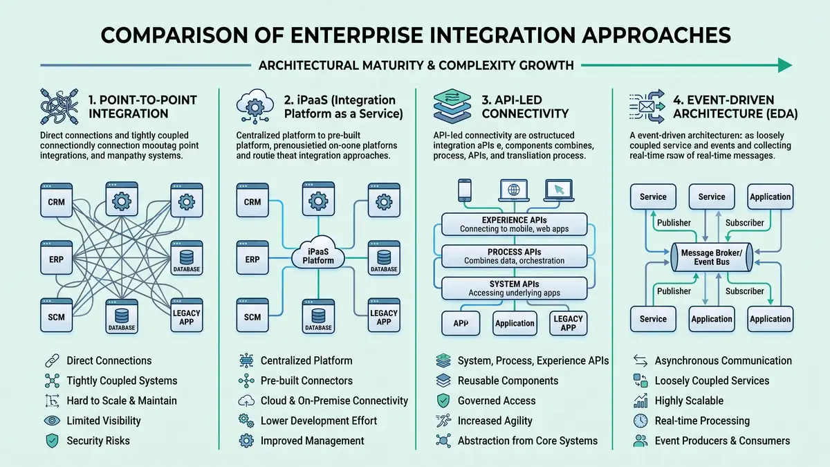 Infographic comparing four integration approaches point-to-point, iPaaS, API-led, and event-driven, showing rising complexity and governance