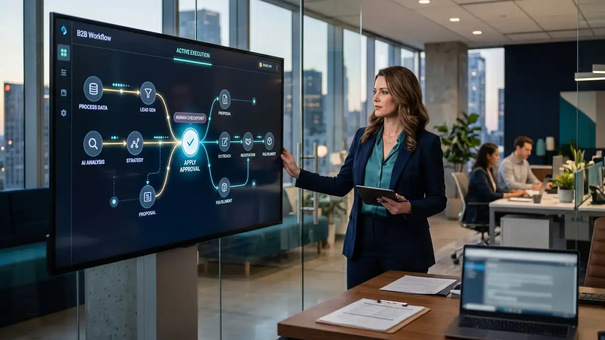 A B2B leader overseeing an agentic AI system executing a multi-step process with a human approval checkpoint