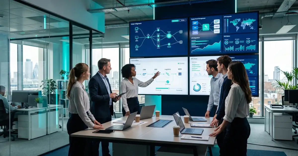 A B2B operations team watching an intelligent automation system orchestrate work across connected business systems