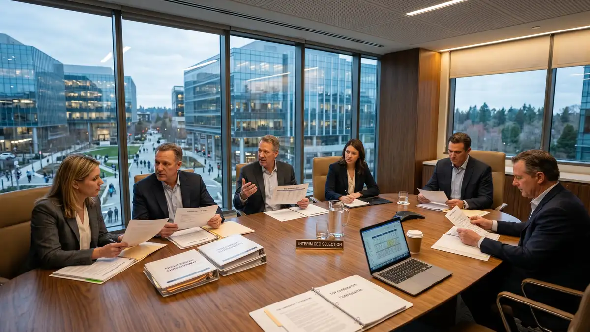 Private equity portfolio company board reviewing interim CEO candidates with six PE professionals and board members around an oval conference table