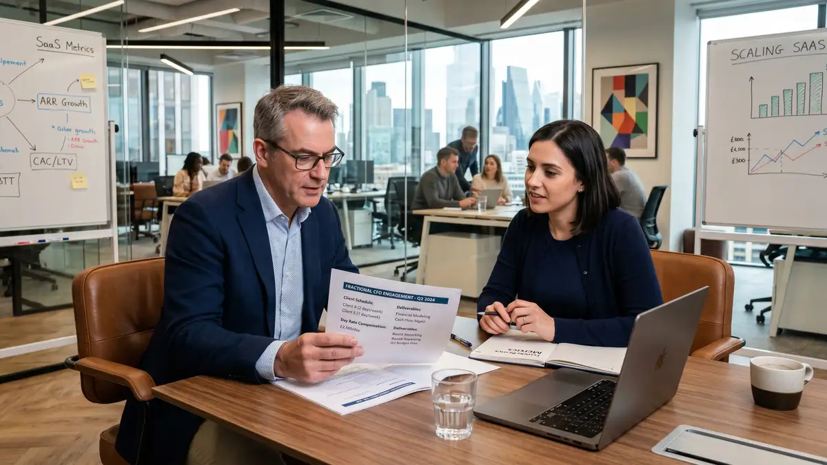 Fractional CFO consulting session at a growth-stage SaaS company reviewing fractional CFO multi-client schedule and day rate compensation