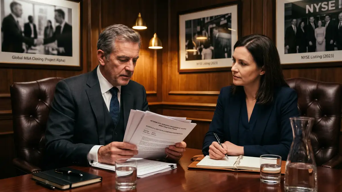 Confidential interim CFO interview at a private boardroom during an M&A integration reviewing engagement scope and day rate proposal