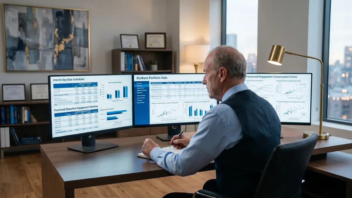 Senior interim executive consultant analyzing interim CEO and CFO engagement compensation benchmarks across three monitor displays