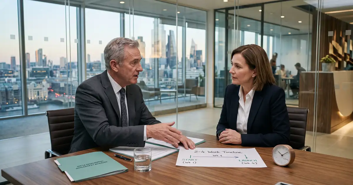 Senior interim executive placement consultation in a modern corporate conference room with two executives discussing 2-4 week timeline and interim leadership transition plan