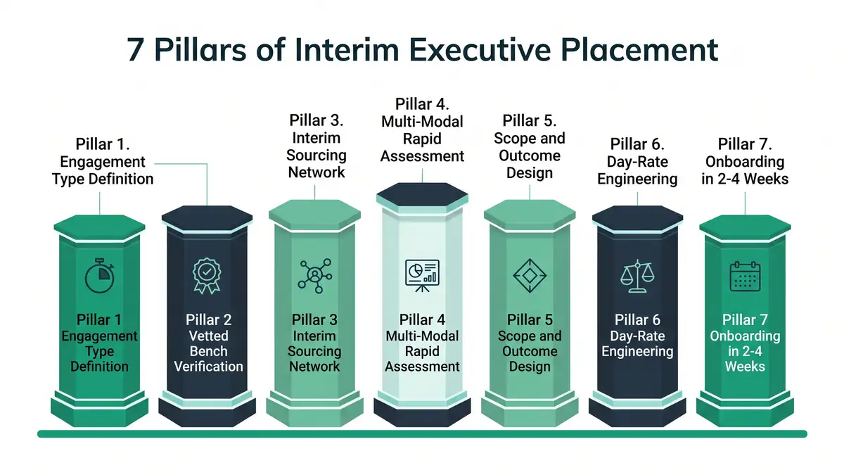 7 Pillars of Interim Executive Placement infographic showing engagement type definition, vetted bench verification, interim sourcing network, multi-modal rapid assessment, scope and outcome design, day-rate engineering, and onboarding in 2-4 weeks