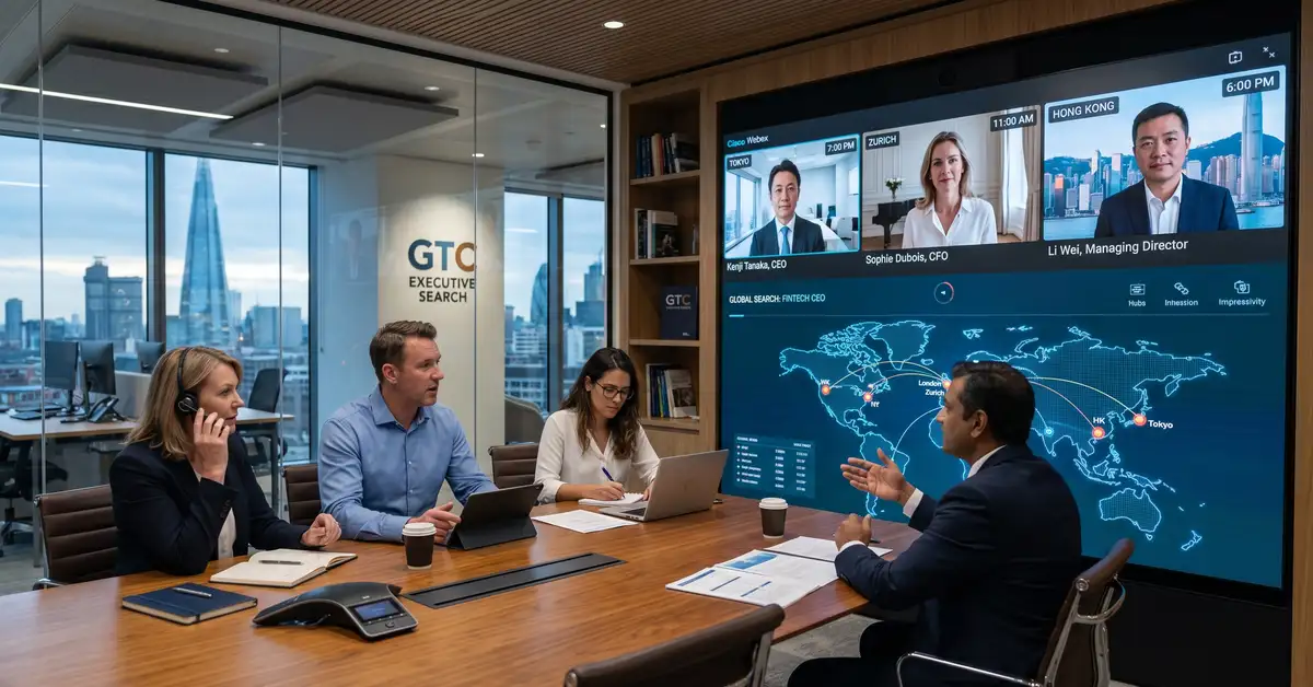 International executive recruitment team coordinating across continents in modern executive search firm office