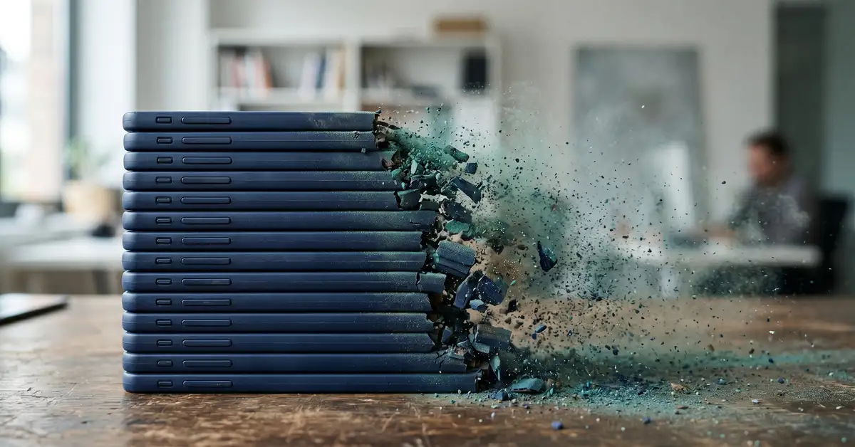 A fading stack of ranked link bars dissolving into dust, representing the end of the ten-blue-links era