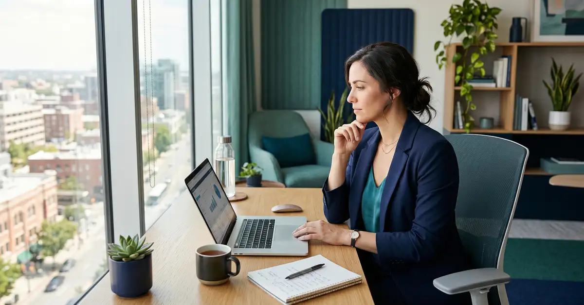 A B2B marketing strategist working thoughtfully at a desk by a sunlit window, planning the next phase of search strategy