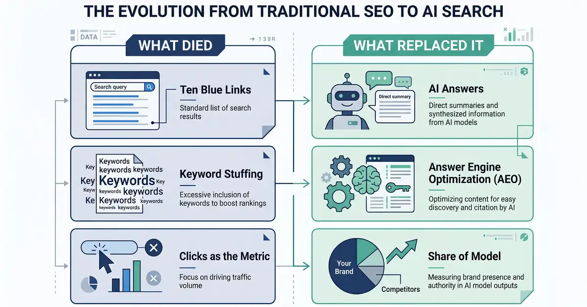 A two-column comparison of what died in SEO versus what replaced it, from ten blue links to AI answers and Share of Model