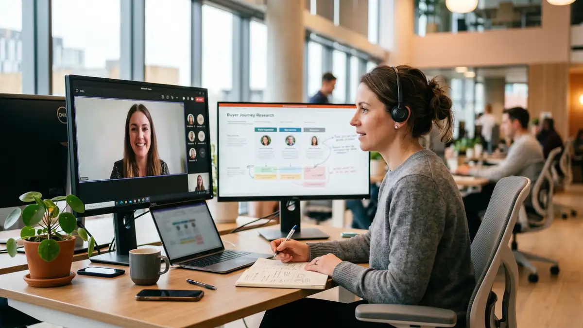 UX researcher conducting customer interview via video call with notes and persona profile on second screen — buyer journey research