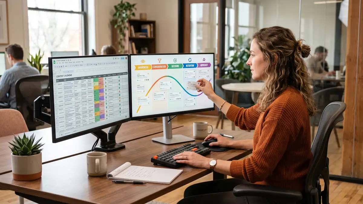 Content strategist mapping content assets to buyer journey stages with content calendar grid and buyer journey arc on dual monitors