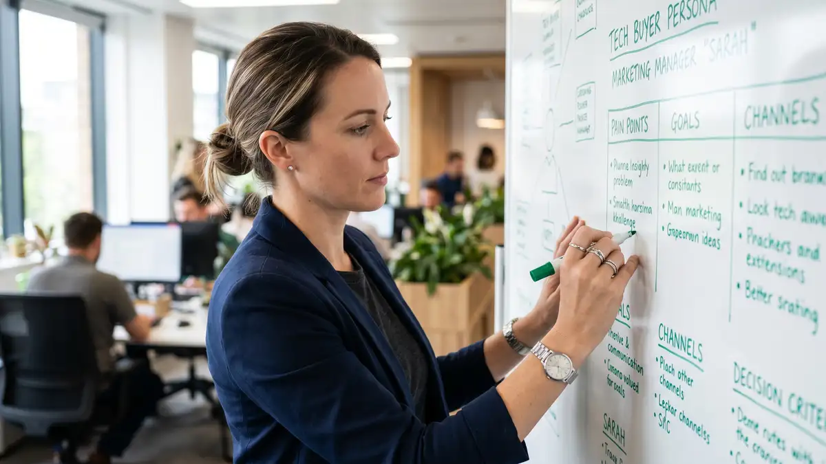 Marketing strategist sketching buyer persona profile on whiteboard with pain points, goals, channels, decision criteria