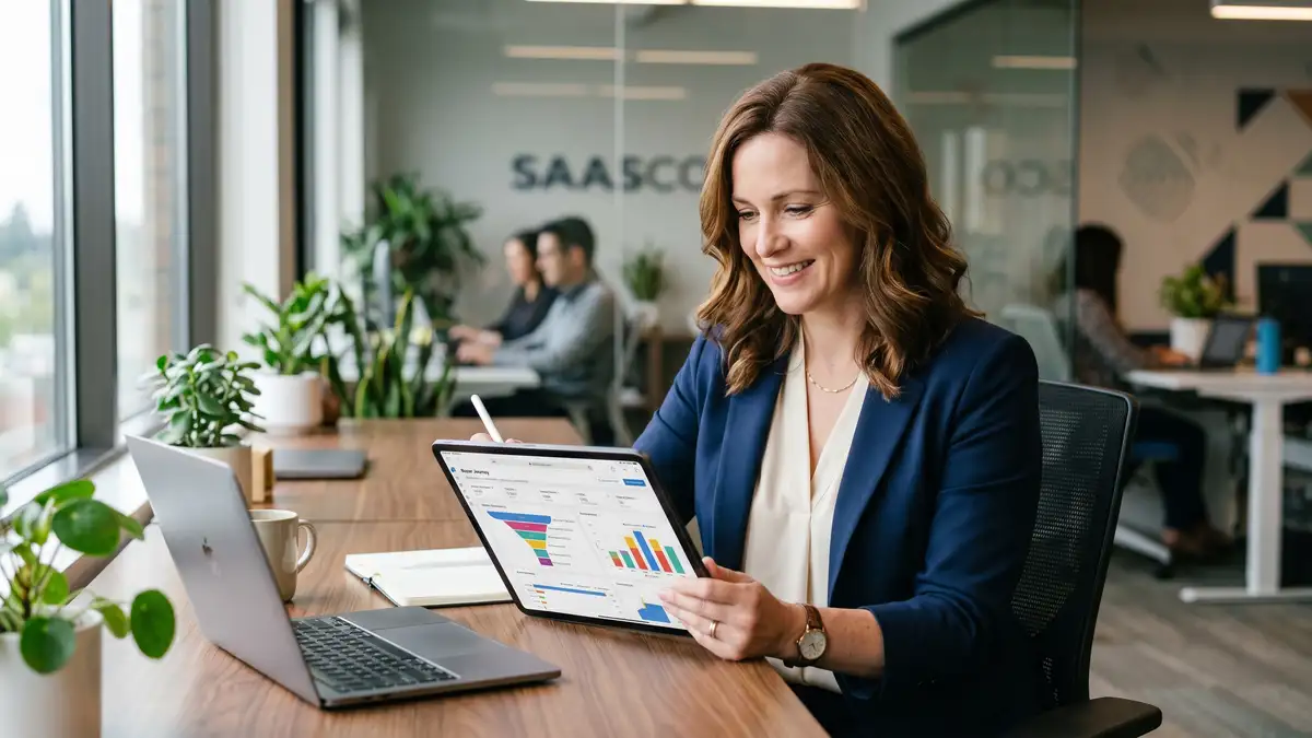 B2B SaaS Head of Demand Generation reviewing buyer journey dashboard on tablet