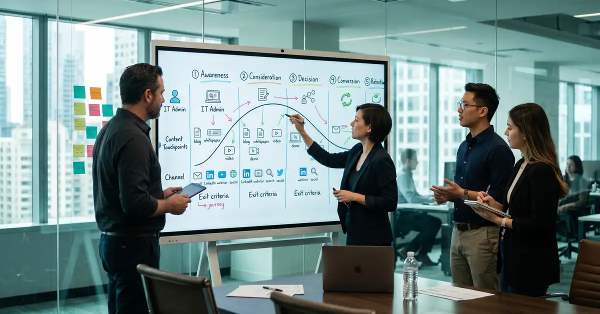 B2B SaaS marketing and revenue ops team in modern boardroom mapping a buyer journey on interactive whiteboard with five-stage arc and persona archetypes